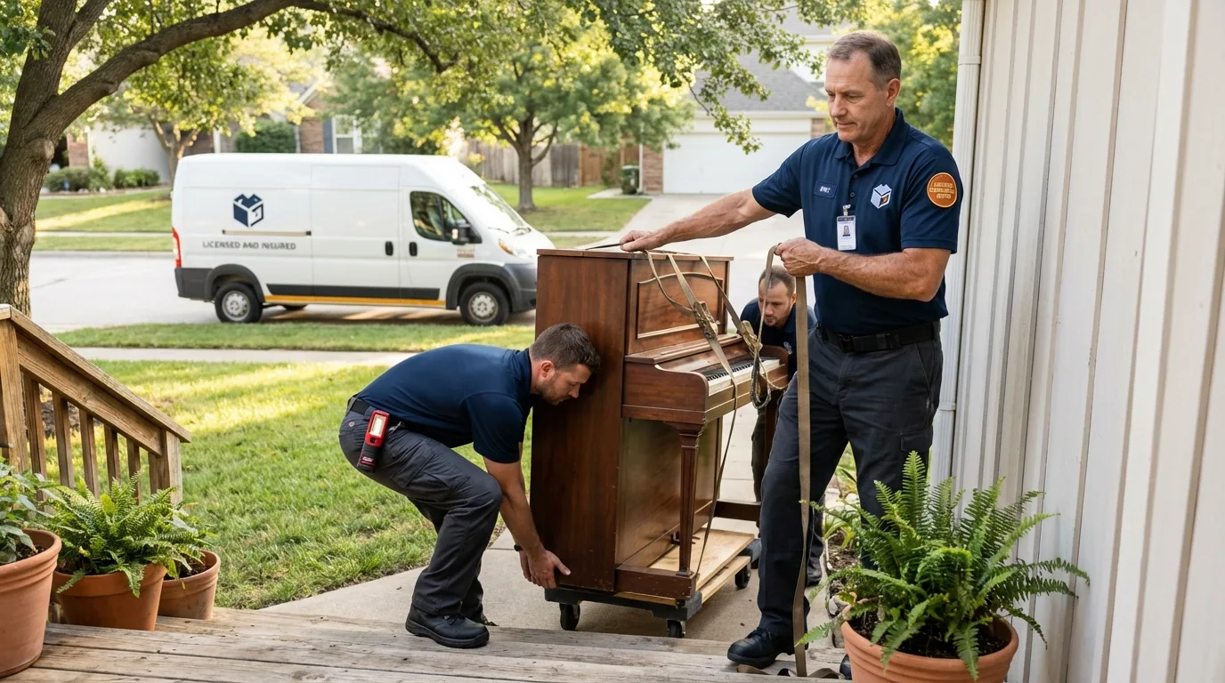 Licensed piano movers securing grand piano in Toledo, OH